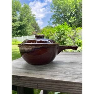 Vtg Brown Drip Hull Pottery Oven Proof Covered Casserole Cooking Dish Pan Handle